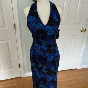 David Meister Blue and Black Halter Sheath Dress